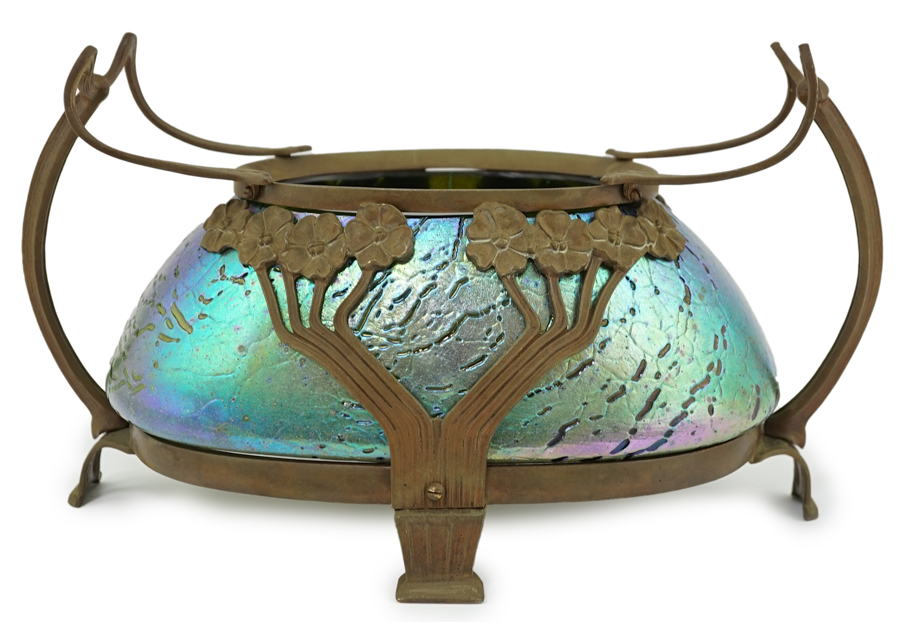 Attributed to Otto Thamm, for Fritz Heckert glassworks. An Art Nouveau (Jugendstil) iridescent glass and bronze mounted bowl, c.1900